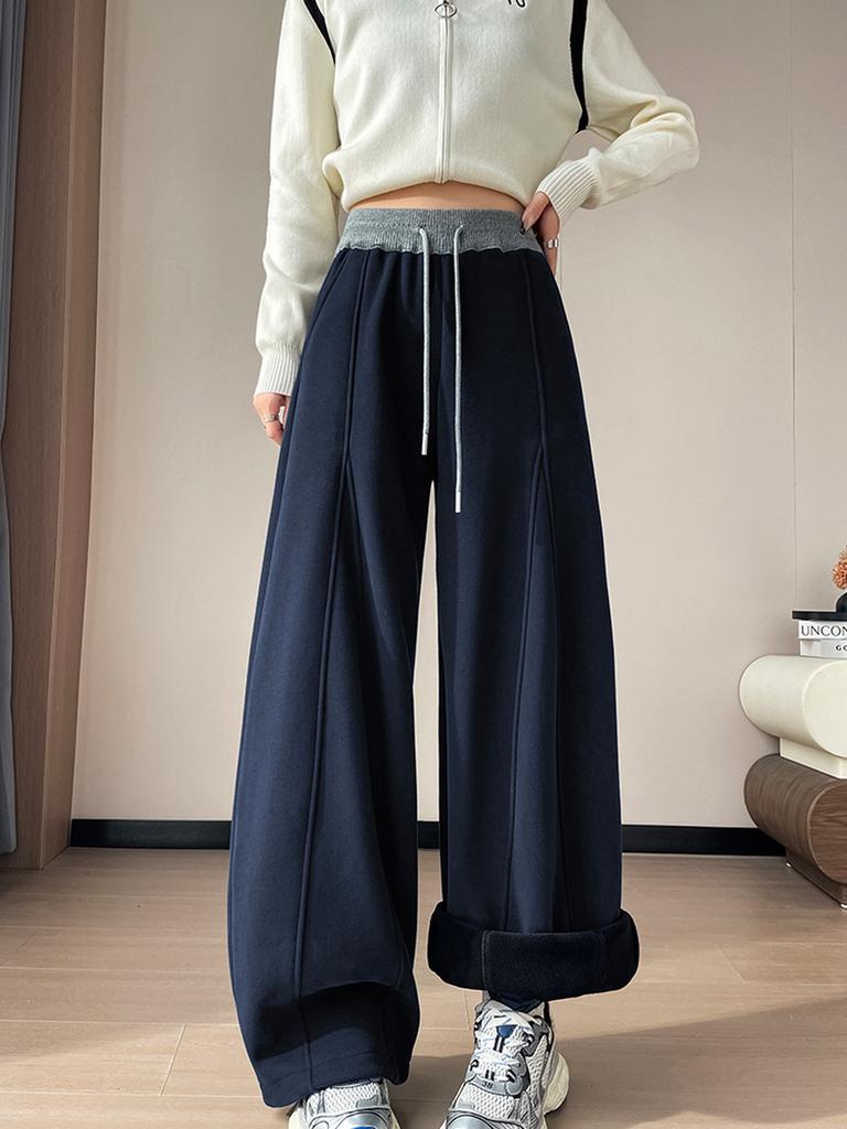 Autumn Winter New Style Fleece Thick High Waist Knife Leg Pants Women Wide Leg Casual Pants