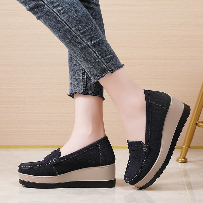 2025 New Women's Thick-soled Platform Women Shoes Flats Sneakers Suede Leather Casual Slip On Flats Heels Creepers Moccasins