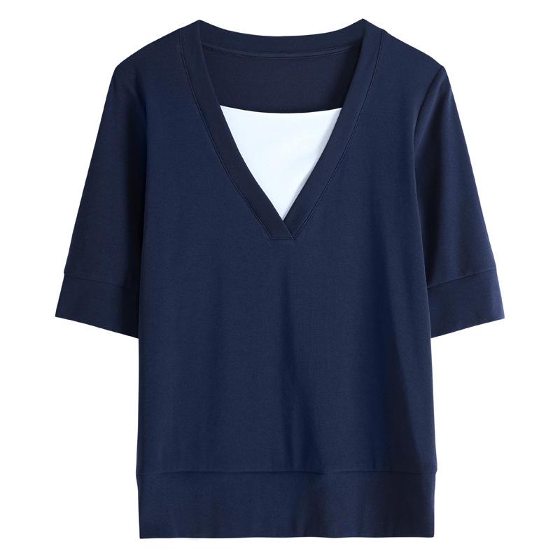Summer Women's Blouse Clashing V-Neck T-Shirt Short Sleeve Top