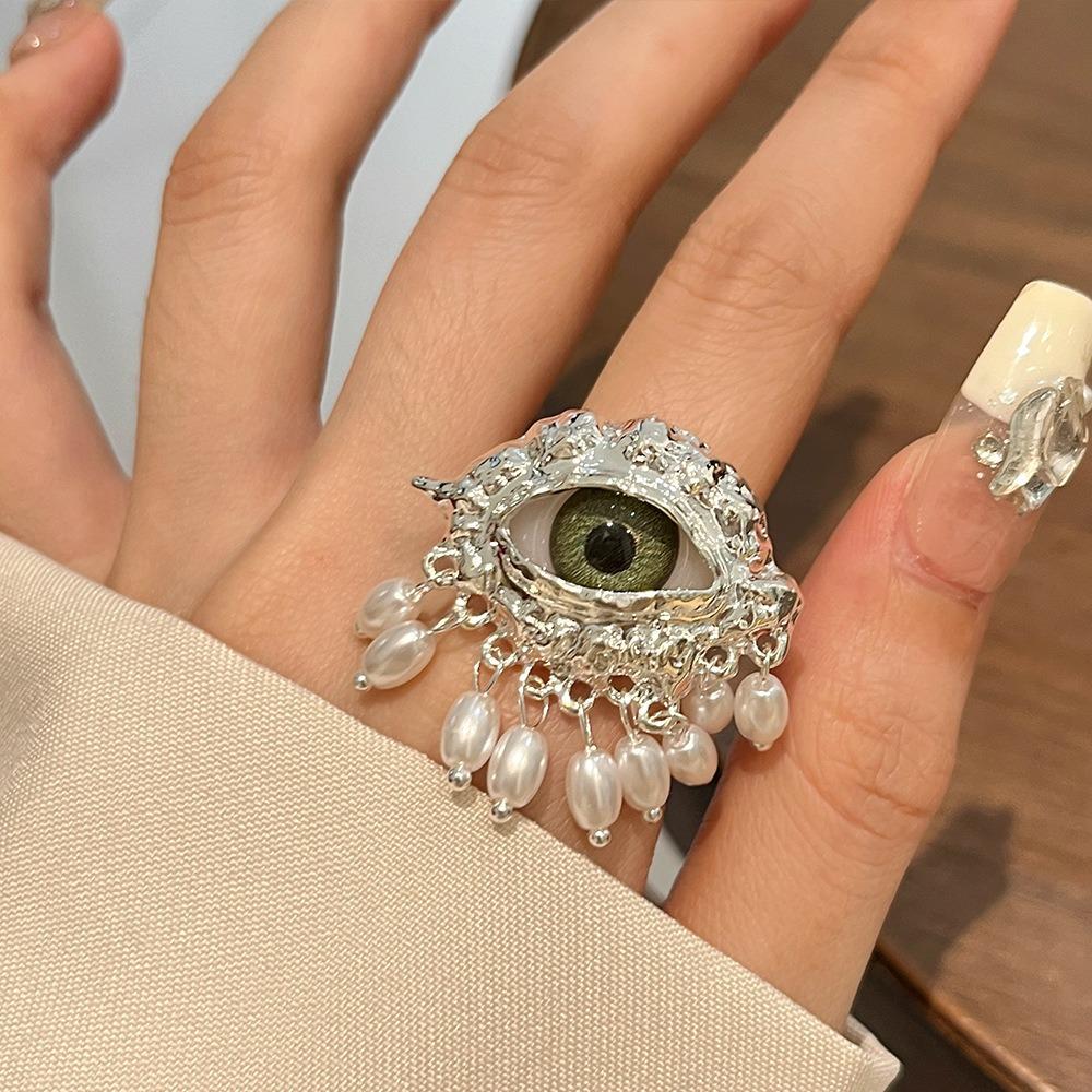 Vintage prsten Ďáblovo oko Střapce Imitovaná perla Glazurovaný prsten Trendy Jemný Otevírací prsten na prst Dárky na párty
