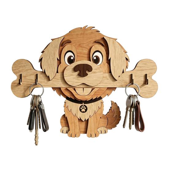 Wall Mounted Wooden Key Holder Dog Holding Bone Shaped Entryway G