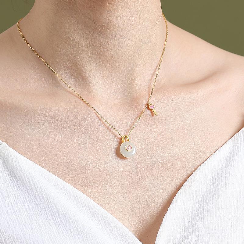 Elegant Hetian Jade Heart Necklace with S925 Silver Key Chain