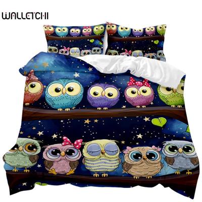 Eulen-Bettbezug-Set, süße Eule und Sterne Dekor, Bettbezug, Weltraum-Bettbezug-Set, Kinder, süßer Tier-Polyester-Quilt-Bezug