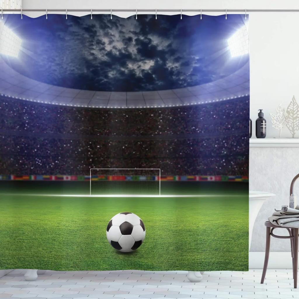 Abstract Football Pattern Shower Curtain Sport Theme Soccer Black and White Colors Waterproof Polyester Bath Curtain with Hooks