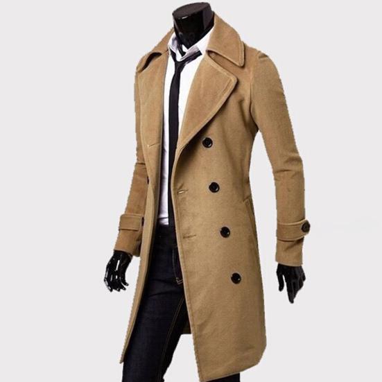 Long Trench Coat Double-breasted Solid Color Autumn Winter Windproof Thick Jacket for Daily Wear