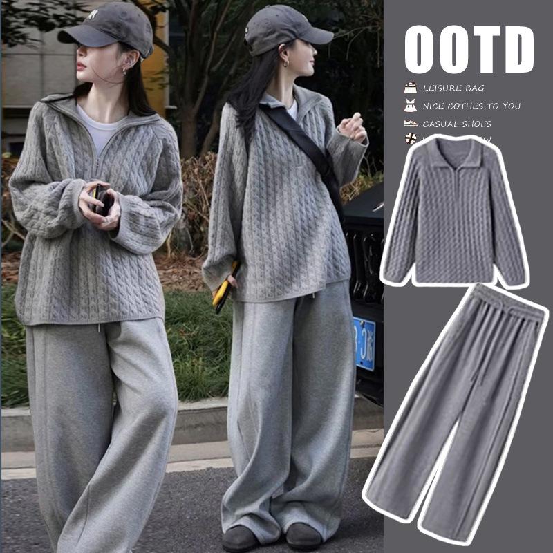 Real Shot Elegant Style: 2025 Autumn/Winter Korean Fashion Set - Loose Sweater + Casual Wide-Leg Pants, Effortlessly Stylish. M