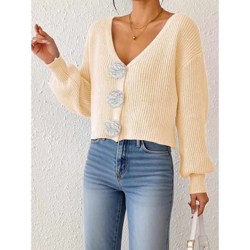 Women S Knitted Cardigan Sweater Streetwear Short Top With Crochet Buttons
