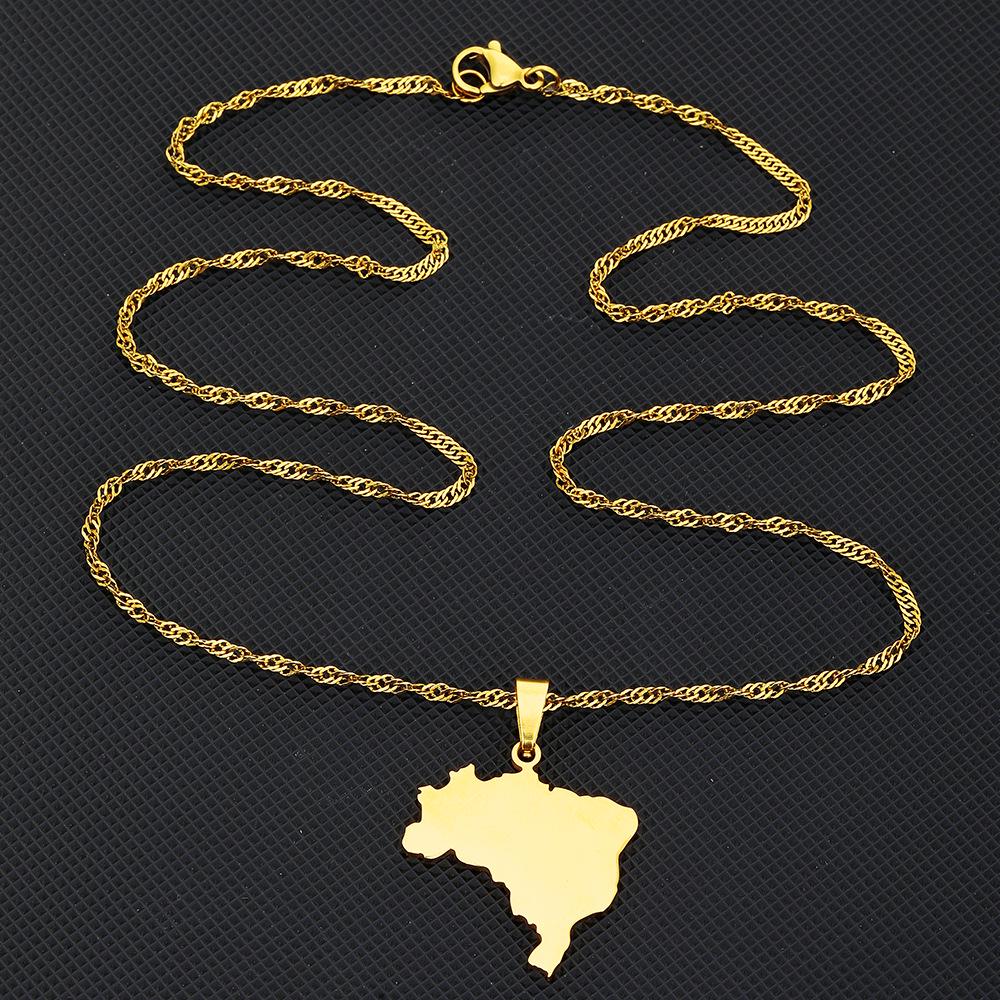 Polished Stainless Steel Brazil Map Necklace: Unisex Retro Ethnic Pendant Jewelry
