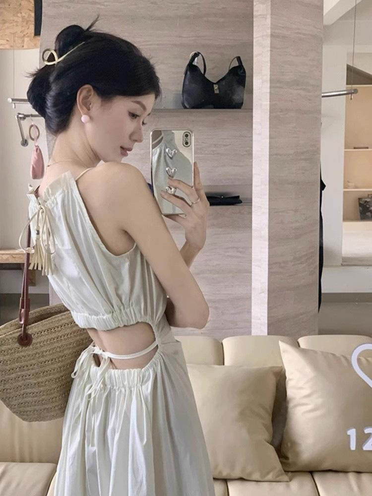 

Design sense hollow waist hanging neck suspender dress dopamine lace up waist thin holiday style fringed long dress S абрикосовый