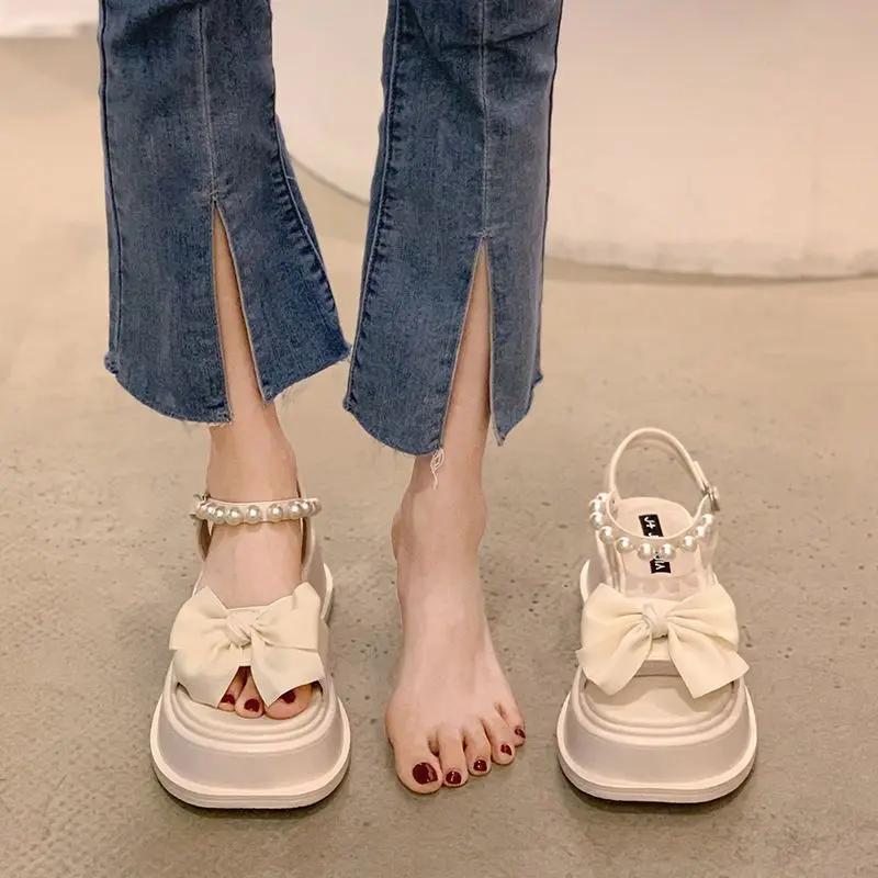 Summer 2025 Women's Shoes Black Block Heel Pearl One Word Footwear Beach Sandals for Woman Bow Korea F Luxury Designer On Offer