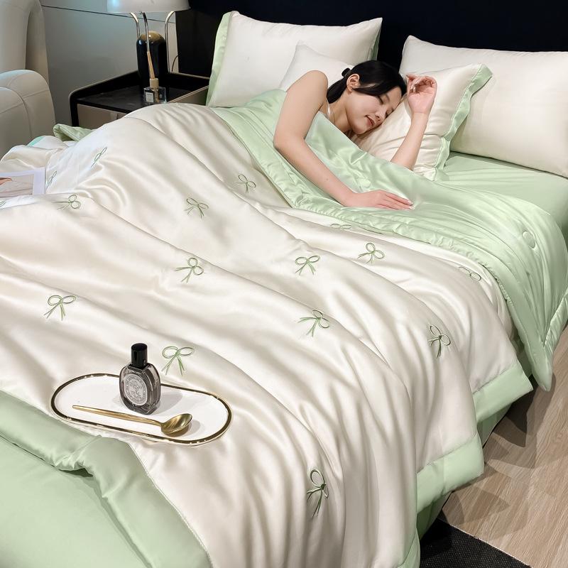 Embroidered Ice Silk Summer Quilt Set: 4-Piece, Machine Washable, Thin & Cool