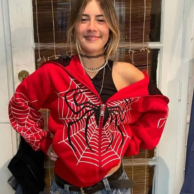 Y2k Emo Kadın Streetwear Hoodie Örümcek Web Kırmızı Fermuarlı Kapüşonlular Grunge Büyük Boy Kazak Gotik Harajuku Alt Ceketler Giysileri