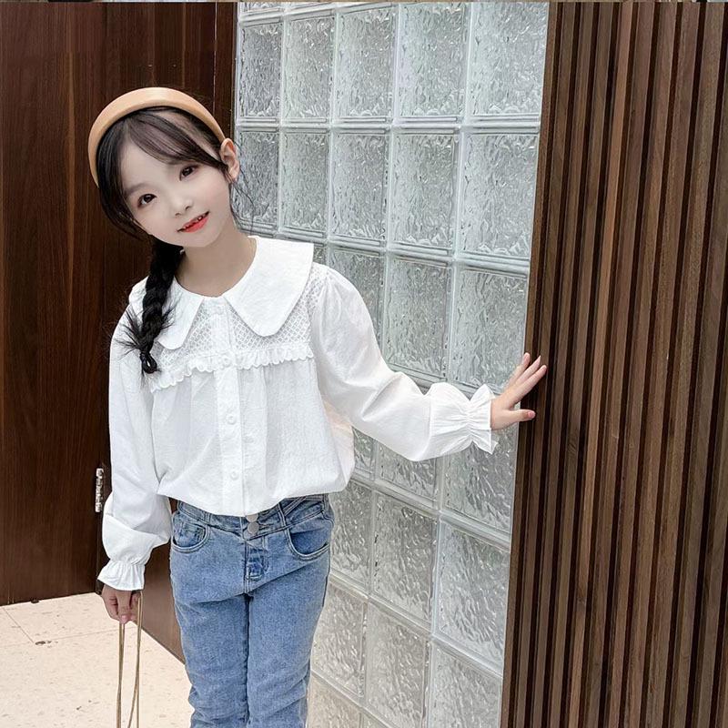 2024 Spring/Autumn Girls' White Cotton Shirt, Turn-Down Collar, Fashionable Student Top