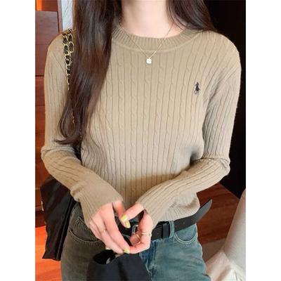 Suéter Tricô Listrado Retrô Manga Longa Gola Redonda Feminino Primavera Outono Novo Estilo Bordado Torcido Malha de Seda de Gelo