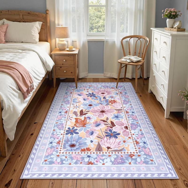 Vintage Purple Living Room Carpet Large Area Floral Print Bedroom Rug Machine Washable Fashion Decorative Coffee Table Mat Tapis