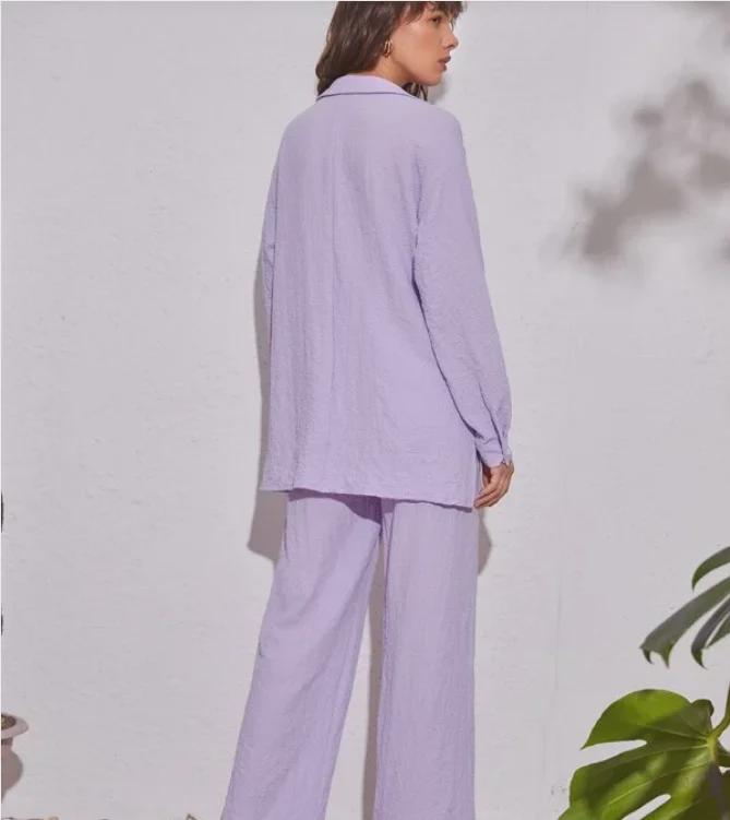 Dames Herfst 2022 Effen Kleur Casual Pak: Shirt met lange mouwen & Broek met elastische taille