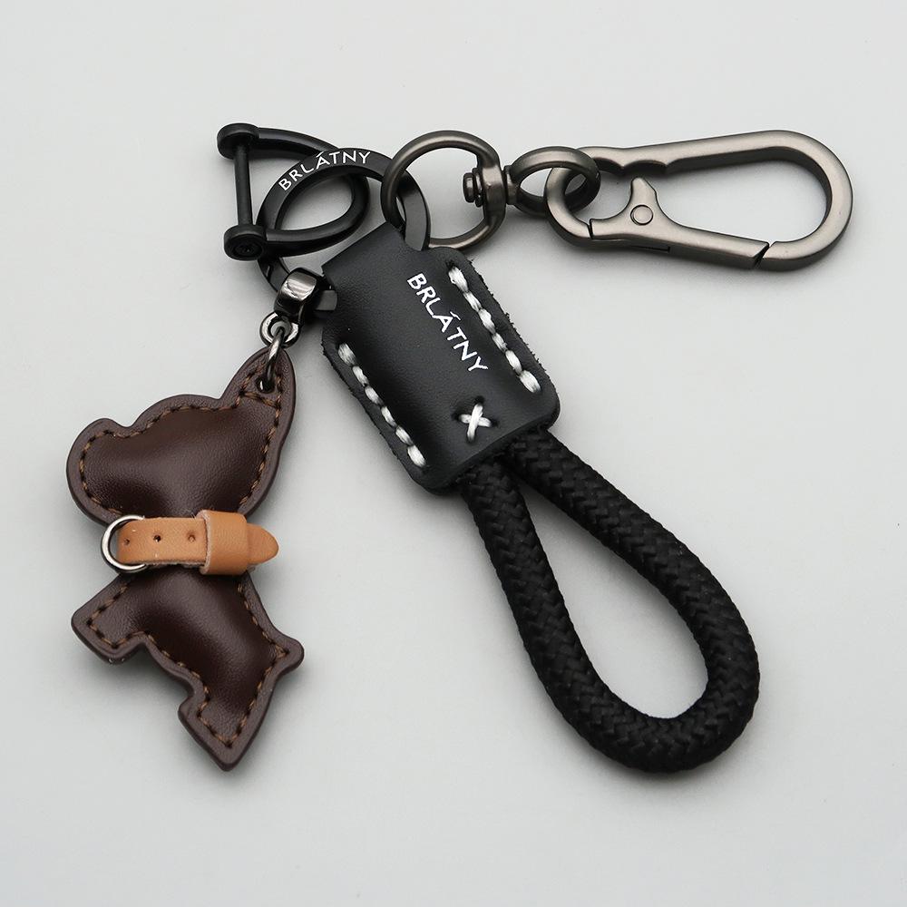 Handmade French Bulldog Genuine Leather Keychain with Anti-Lost Woven Rope Lanyard.