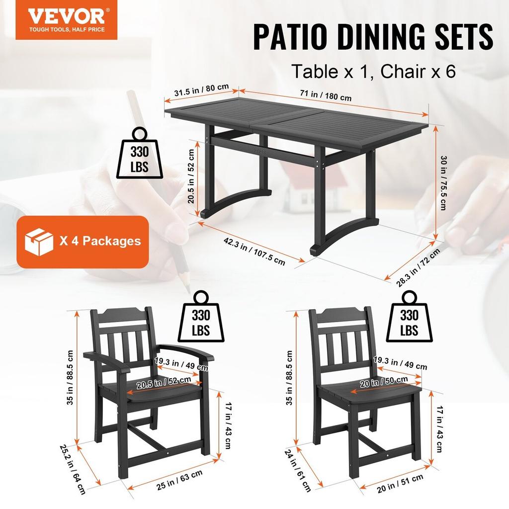 7 Pieces Patio Dining Set, Outdoor Rectangle Furniture Table and Chairs Set, All Weather Garden Furniture Table Sets, HIPS Patio Conversation Set, For