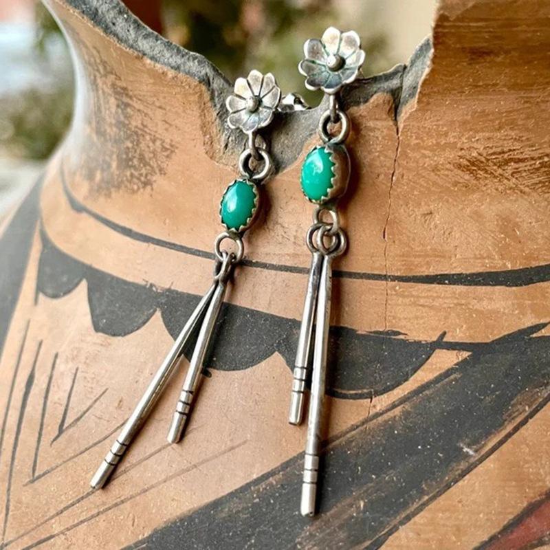 Bohemian Carved Turquoise Long Earrings Retro Long Pole Earrings Fringed Earrings Jewelry серебряный