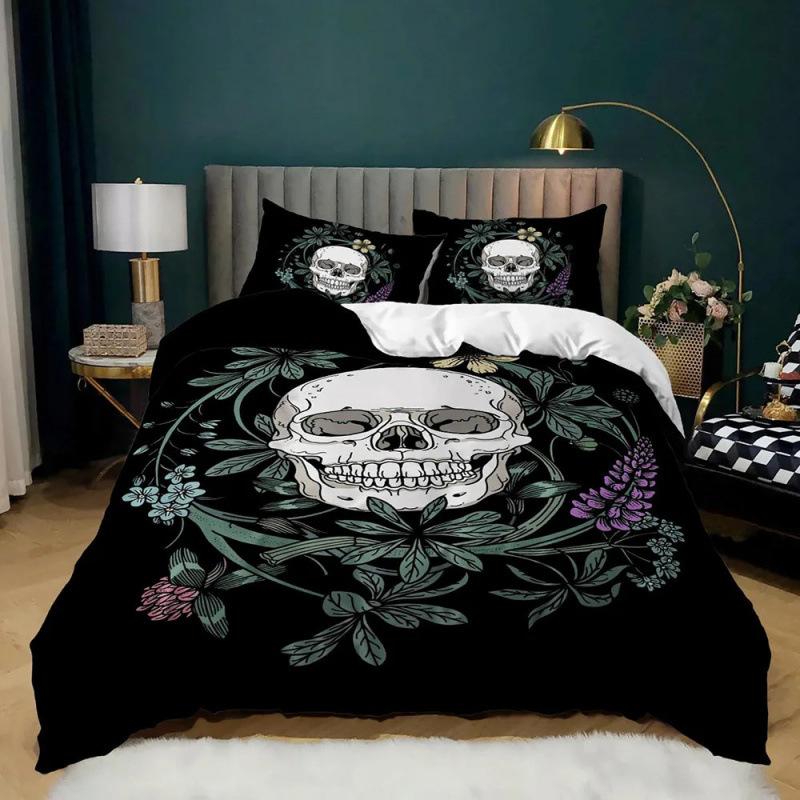 Dark Series Skull Bedding Set Gothic Style Skeleton Duvet Cover Pillowcase Room Decor for Teenagers Adult Halloween Gift