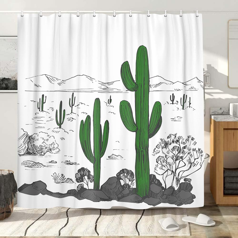 Cactus Shower Curtain Bathroom With Black White Western Decoration, Green Cactus Bathroom Shower Curtain With Hook,
