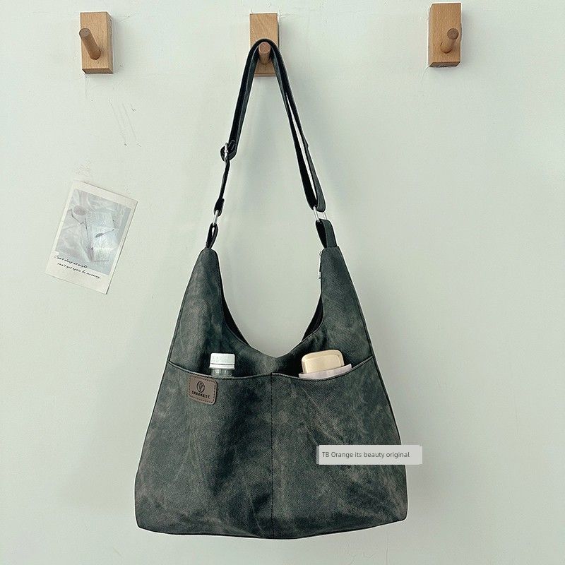 

Retro Denim Soft Leather Large Capacity Commuter Bag Women Shoulder Tote Bag Simple Multi-Pocket Student Class Messenger Bag Black without pendant