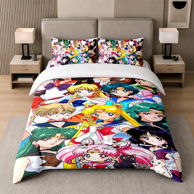 3Pcs Bed Set,Sailor Moon 1 Duvet Cover and 2 Pillowcases, Printed Bedding Decor For Guest Room