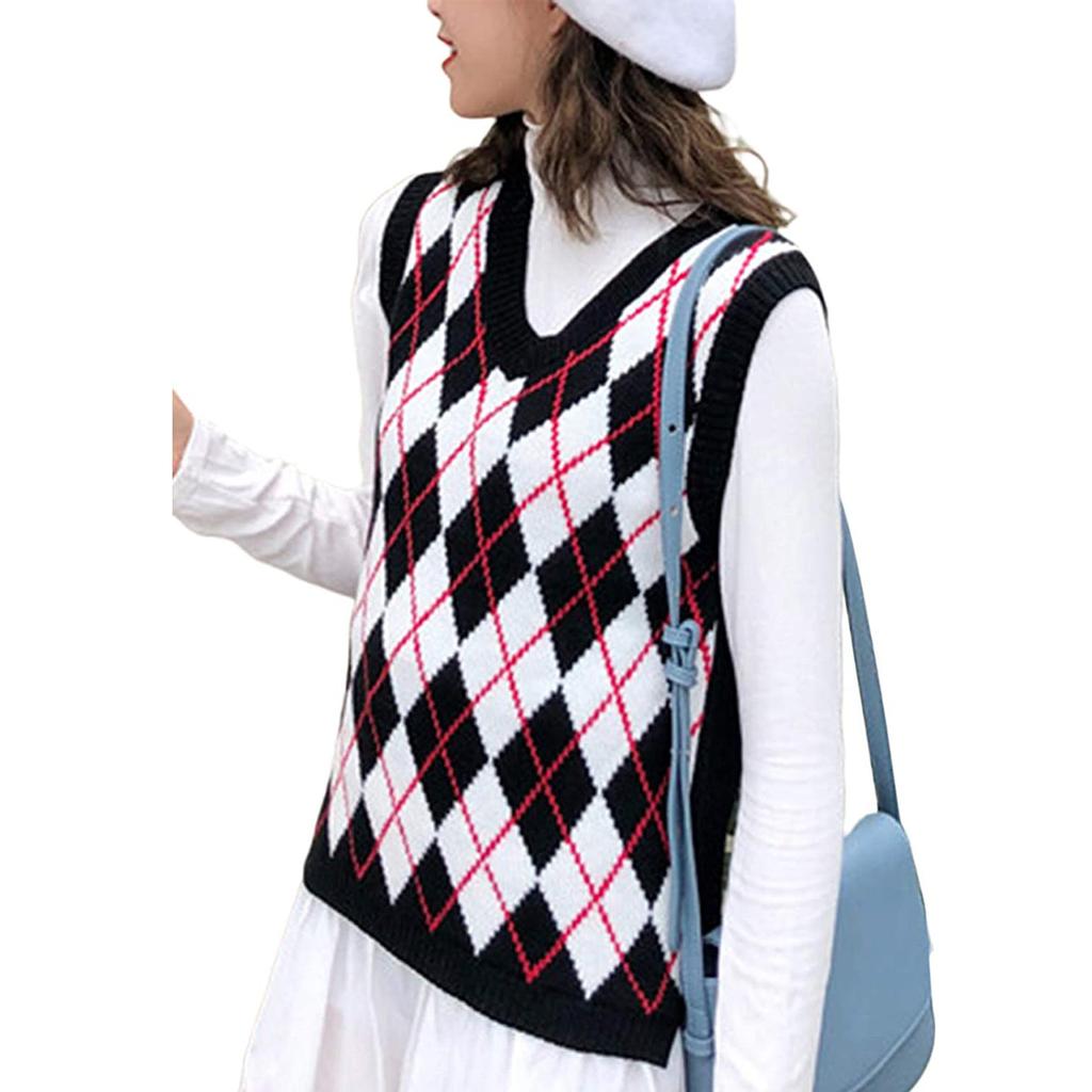 Women Streetwear Preppy Style Knitwear Tank V Neck Argyle Plaid Knitted Sweater