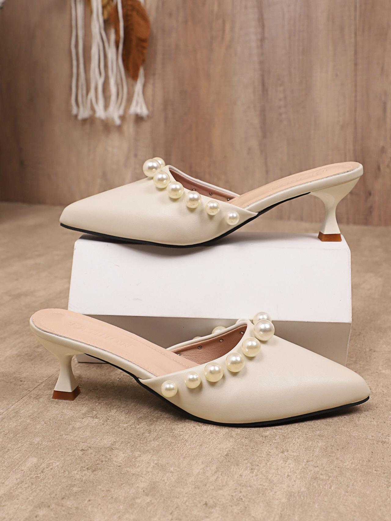 New Sweet Pearl High-heeled Slippers Summer New Pointed Toe Mules Half Baotou Slipper Beige Black Outside Heeled Sandal Slides 36 бежевый 2990₽