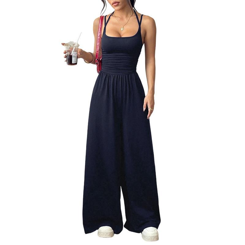 Women's Crisscross Spaghetti Strap Square Neck Ruched High Waist Wide Leg Long Jumpsuit Casual Summer Romper
