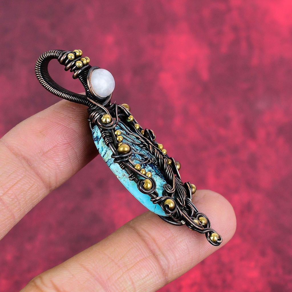 Tree of Life Chrysocolla Pendant Copper Wire Wrapped Jewelry Rainbow Moonstone Gemstone Pendant Gifts for Wife Handmade Copper Wire Pendant