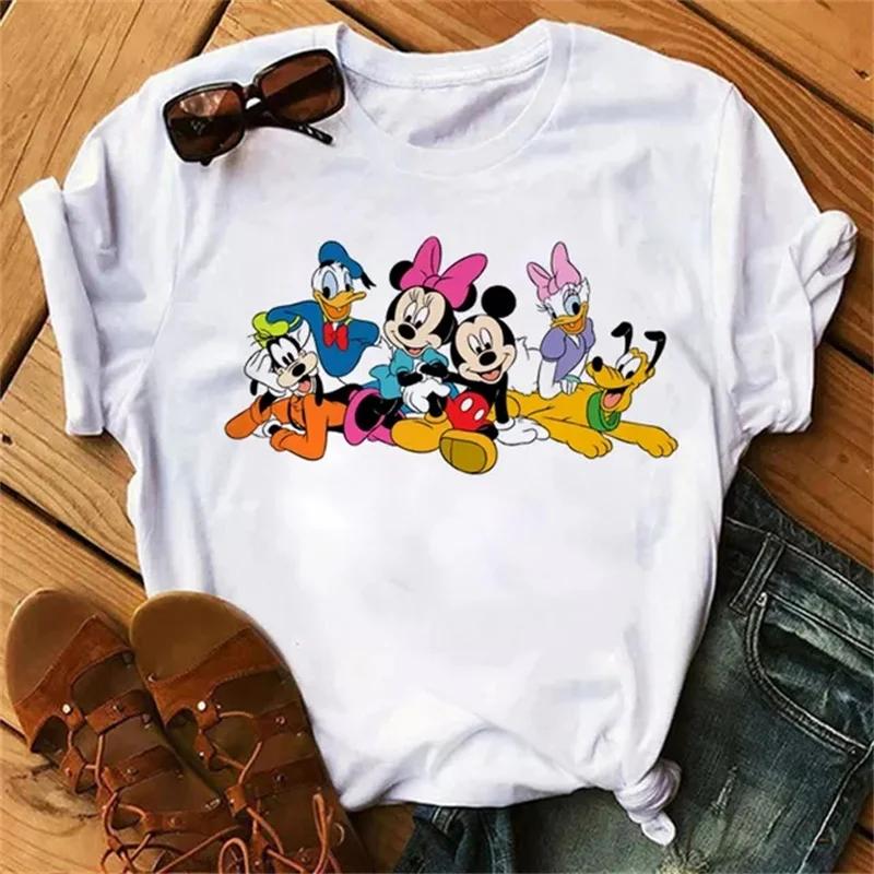 Fashion Cute Disney Mickey Minnie Cartoon Graphic Printed Women T-Shirt Casual O-Neck Short Sleeves Streetwear Female Tops Tees