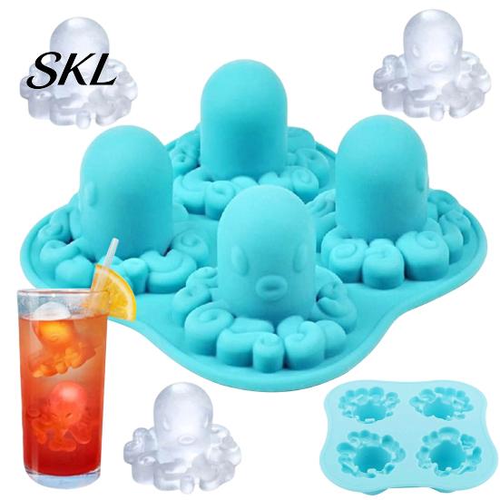 Unique Shaped Ice Cubes Octopus Cube Tray Mold, 4 Grid Maker, Food Grade Flexible TPR Soft Easy Release for Jelly Chocolate Drinks And Cocktails Small