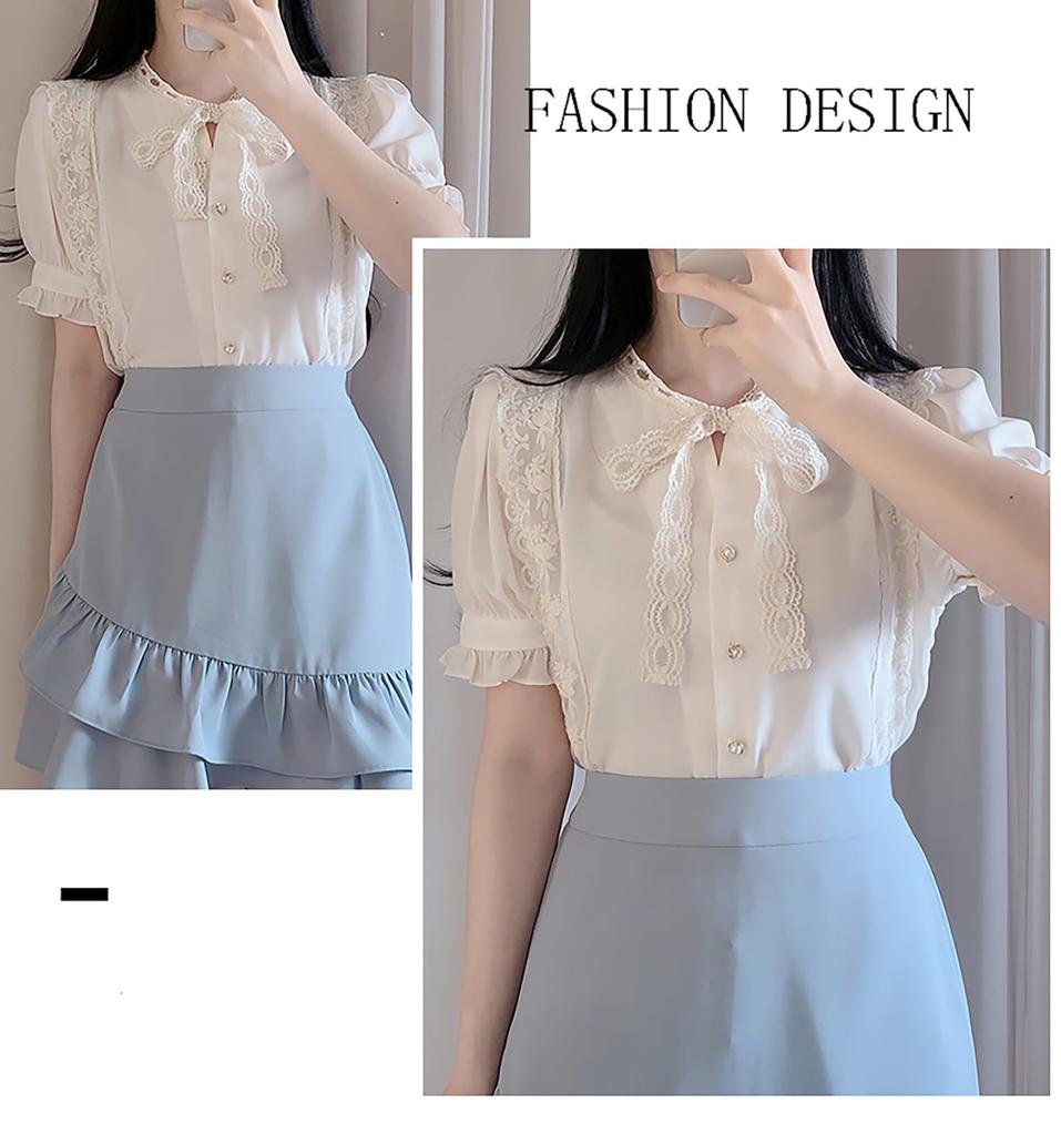 Lace Bowtie Blouse for Short Girly M [XHSUKADO] Women, Sleeve, Ruffled, Ribbon, Women's Blouse, Stylish, Mass-Produced Top, French, Style, Shirt,