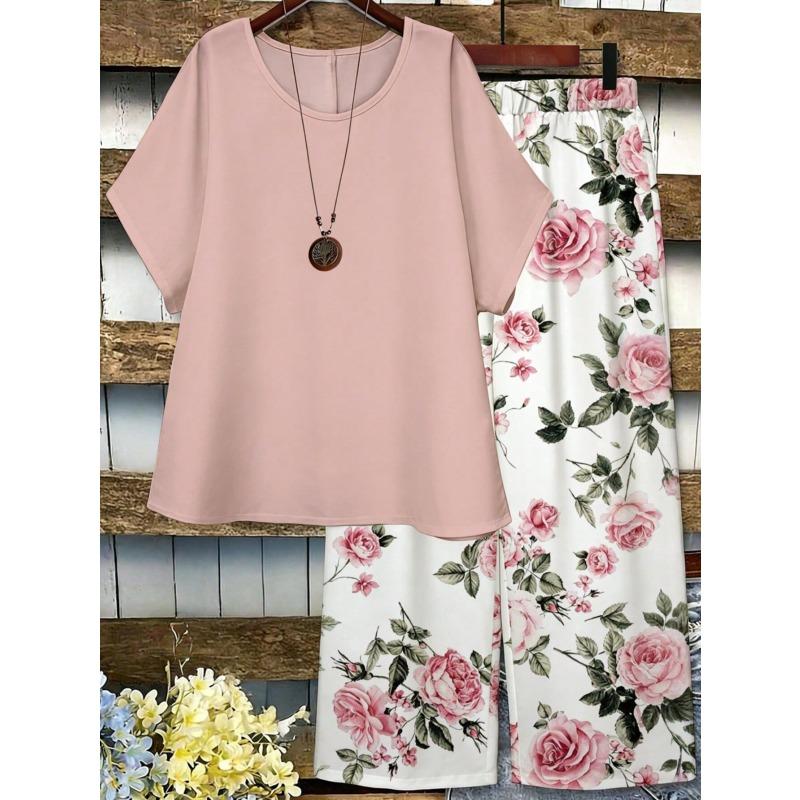 Women's Plus-size Summer New Style Casual Short-sleeved Printed Wide-leg Pants Top and Pants Two-piece Set