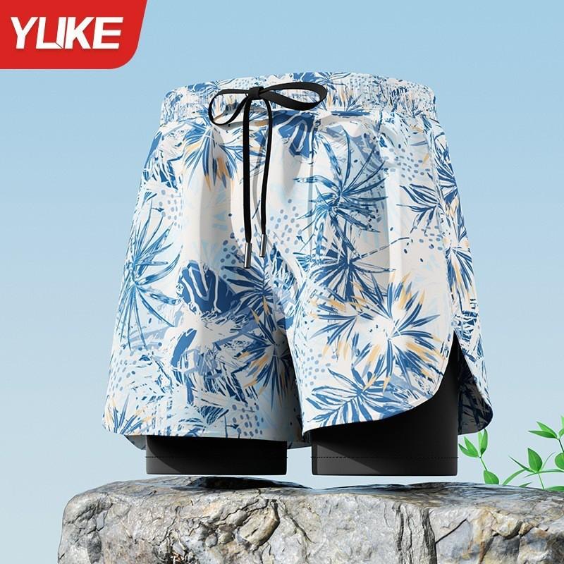 Mens Double-Layered Board Shorts Swim Trunks Beach Swimming Surfing Quick-Dry Anti-Chafe Athletic Swimwear