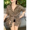 Spicy Girl HK Style Plaid Tie-Waist Long-Sleeve Shirt for Women - Versatile Loose Mid-Length Top for Early Autumn 2025