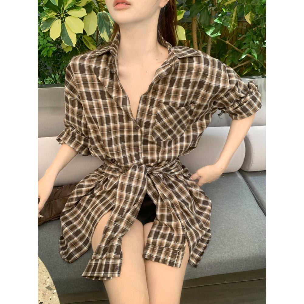 Spicy Girl HK Style Plaid Tie-Waist Long-Sleeve Shirt for Women - Versatile Loose Mid-Length Top for Early Autumn 2025