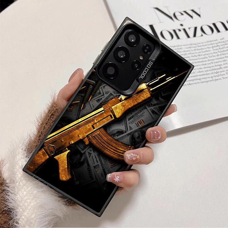 Gold Gun Bullets AK47 Handgun Soft Phone Case for Samsung Galaxy S24 S25 FE S26 Edge S23 Ultra S22 Plus S21 + Shockproof Cover B