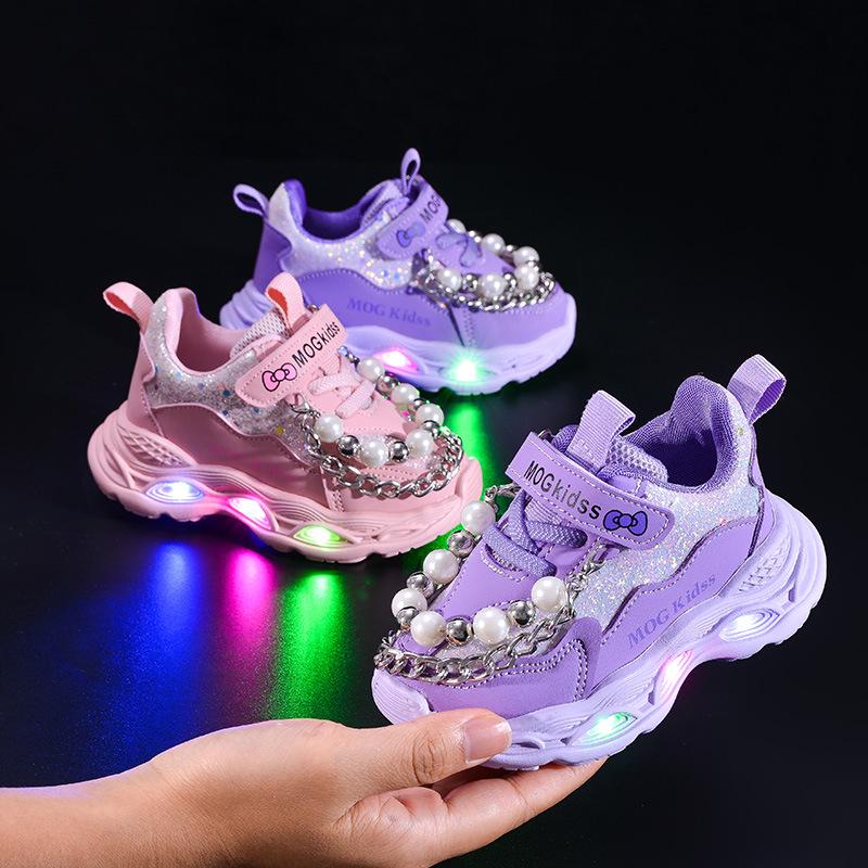 2025 Spring/Autumn Girls' LED Light-Up Pearl Chain Princess Sneakers with Soft Soles
