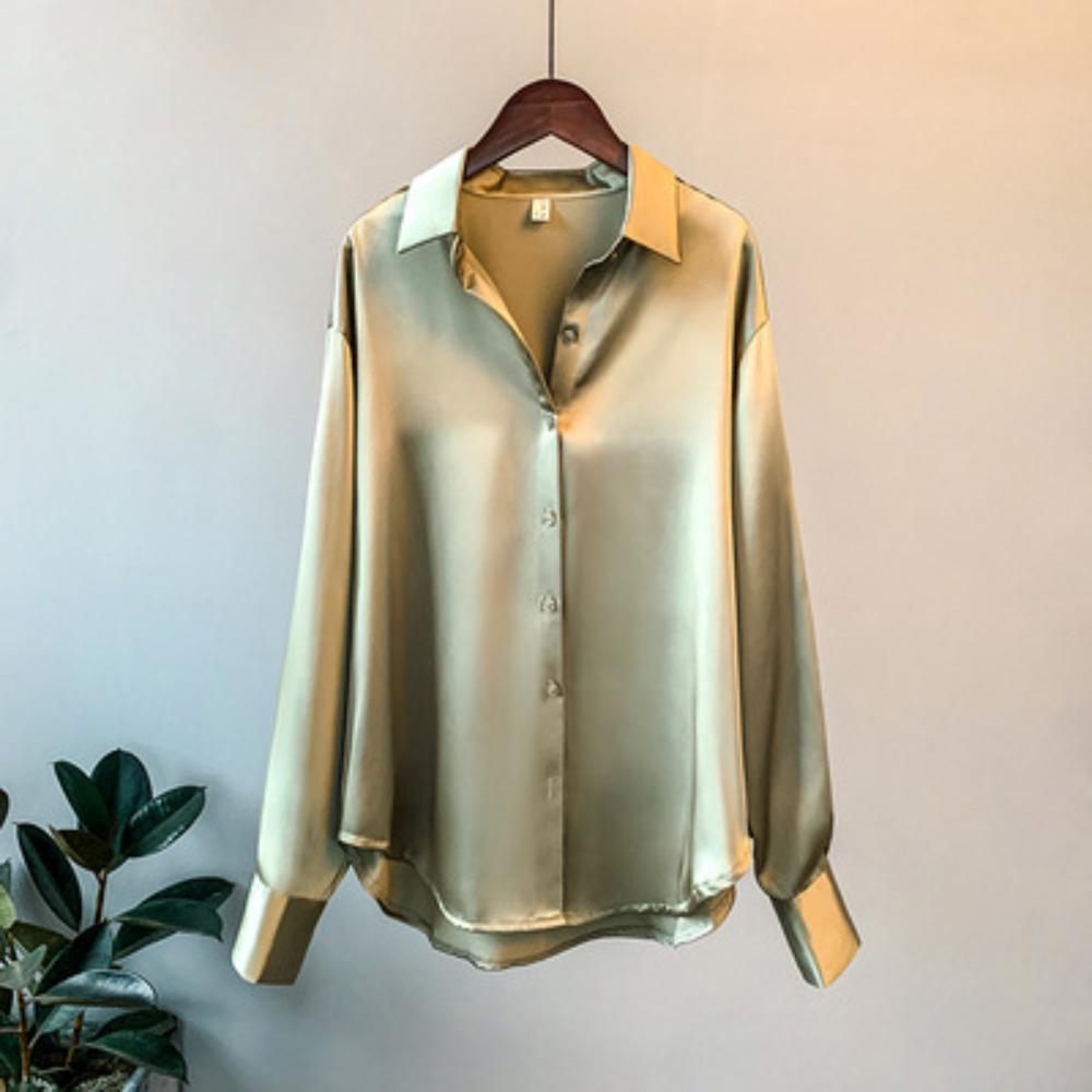 Women's Long Sleeve Satin Shirt Spring Summer Sun Protection Versatile Drape Retro Hong Kong Style Blouse Top