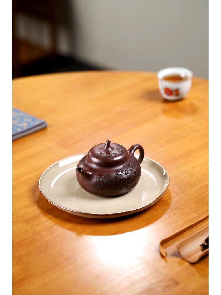 Cipher Yixing Original Ore Purple Clay Zisha Eggplant Gourd Teapot - Handmade Carved Gongfu Tea Set