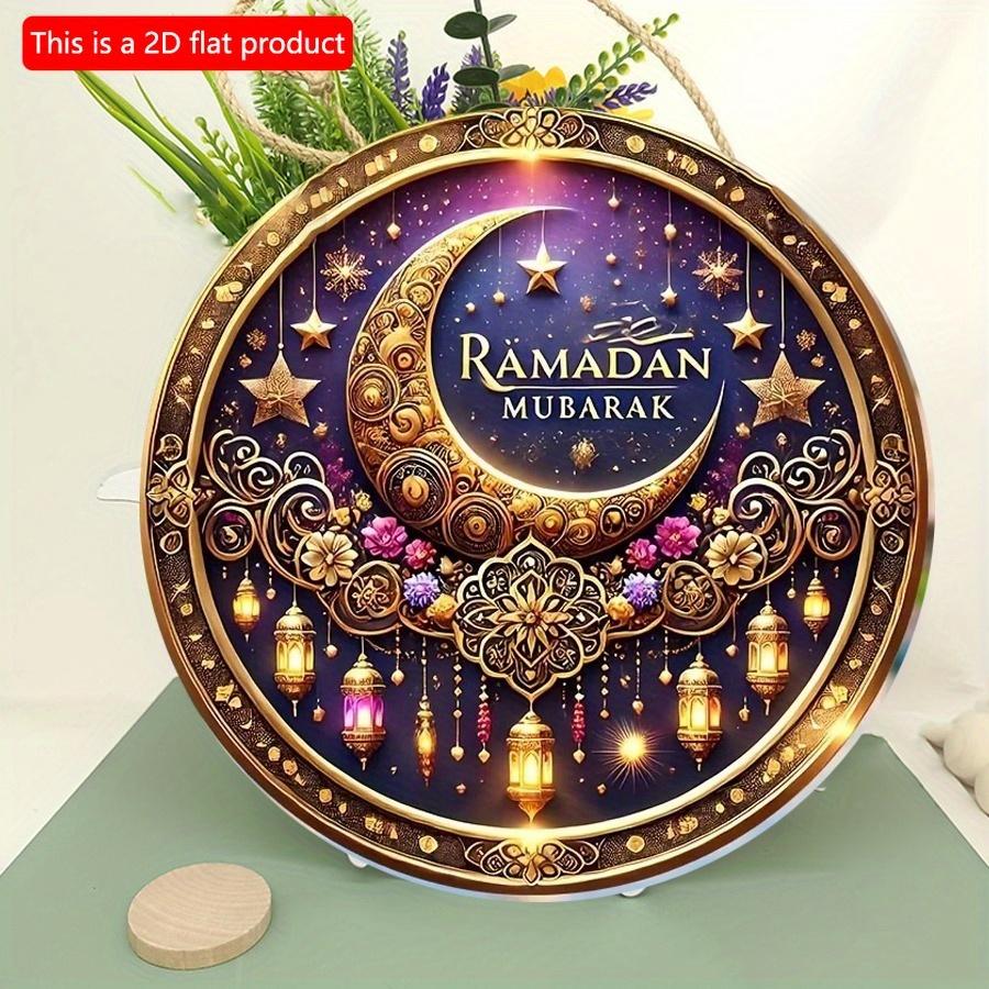 2D flach 20*20cm 1 Stück Ramadan Mubarak Mond Sterne Thema Wunderschöner Retro-Stil Runde Holzornamente, Islamische Muslimische Szene höchste Qualität Party Front