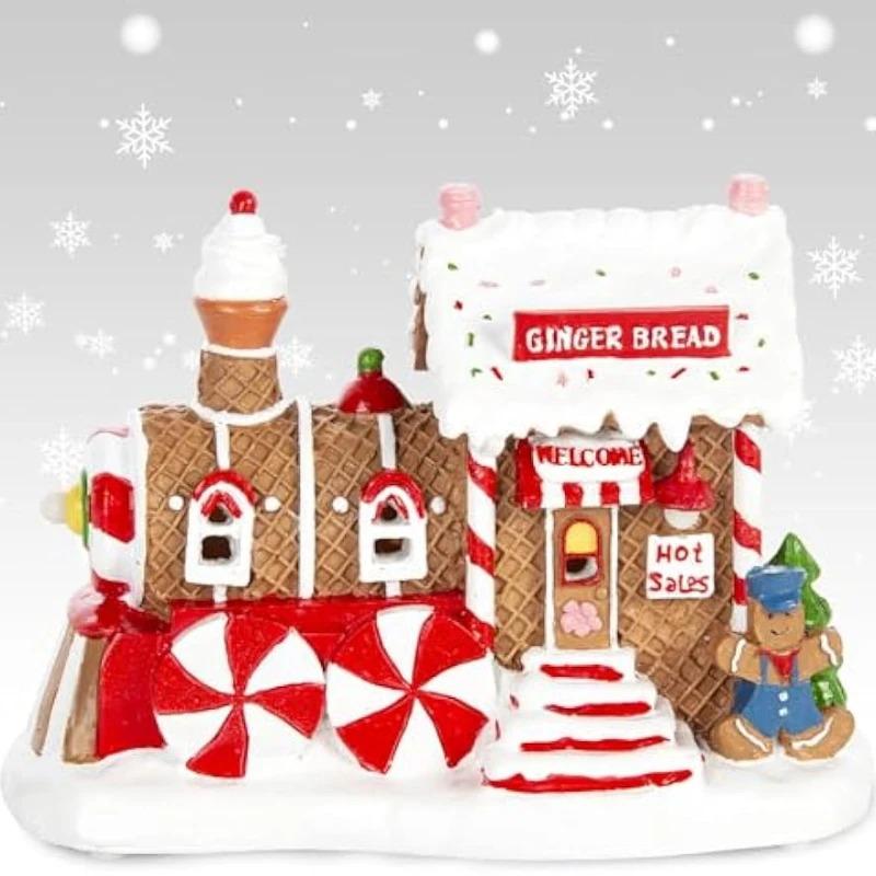 Christmas Village Accessories Decoration Gingerbread Train House Christmas Building Display Light Up Xmas Holiday Home Decor
