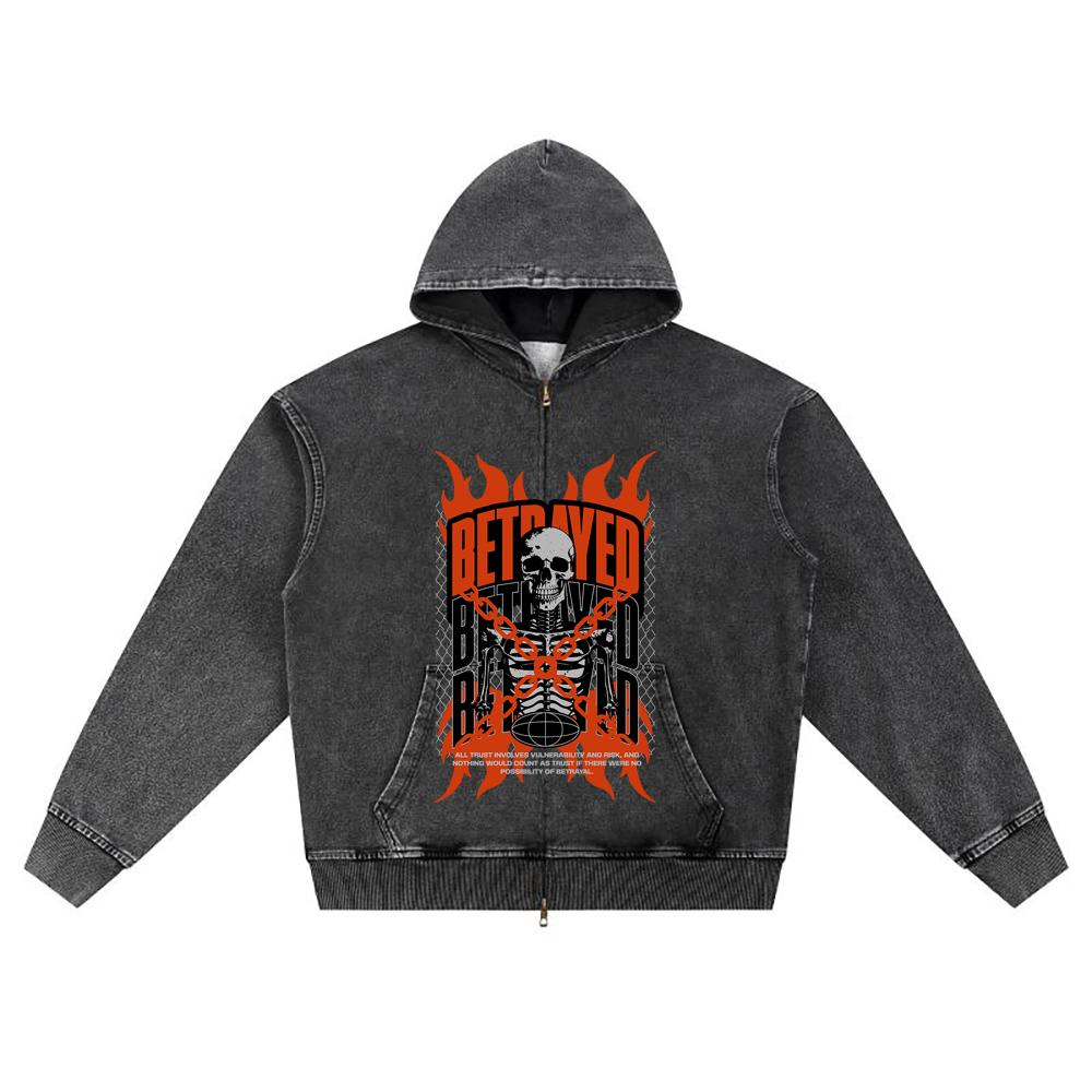DTG print Knitted Denim Zip-Up Hoodie Betrayed(001) Brother Print Zipper Hoodies  