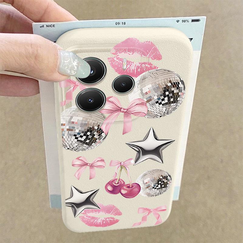Cherry Bowknots Lips Disco Ball Pattern Case Xiaomi 14T 13T 11T Pro Leather Texture Silicone Cover Funda For Redmi Note 14 13 Pro 4G 5G 12 11