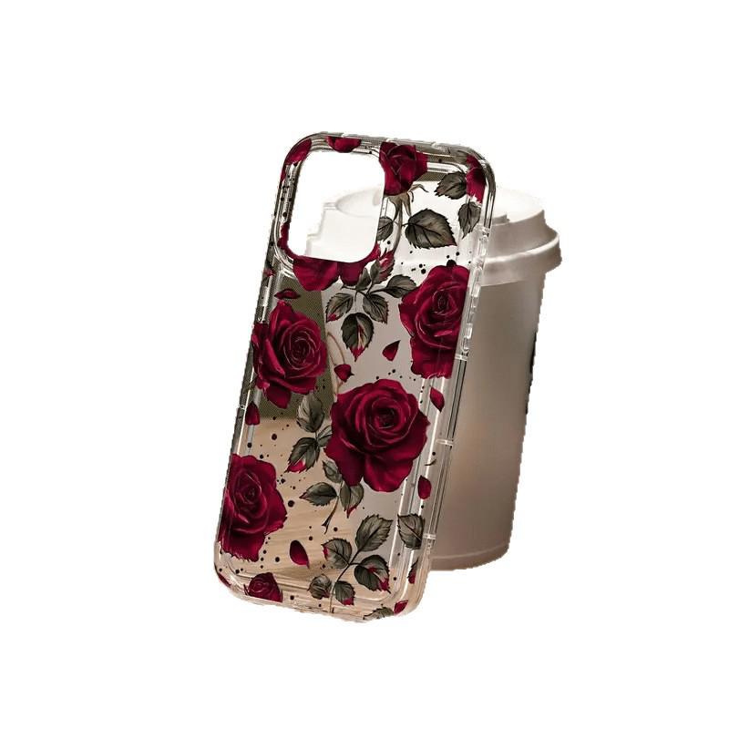 Wine Red Rose Design Drop-proof Soft Phone Case for Apple 12-17 Pro/Plus