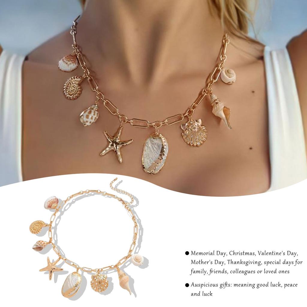 Colar Dourado Conchas e Estrela do Mar Estilo Oceano Colar Feminino - Coleção Elegante Oceano, Hipoalergênico e Anti-desbotamento