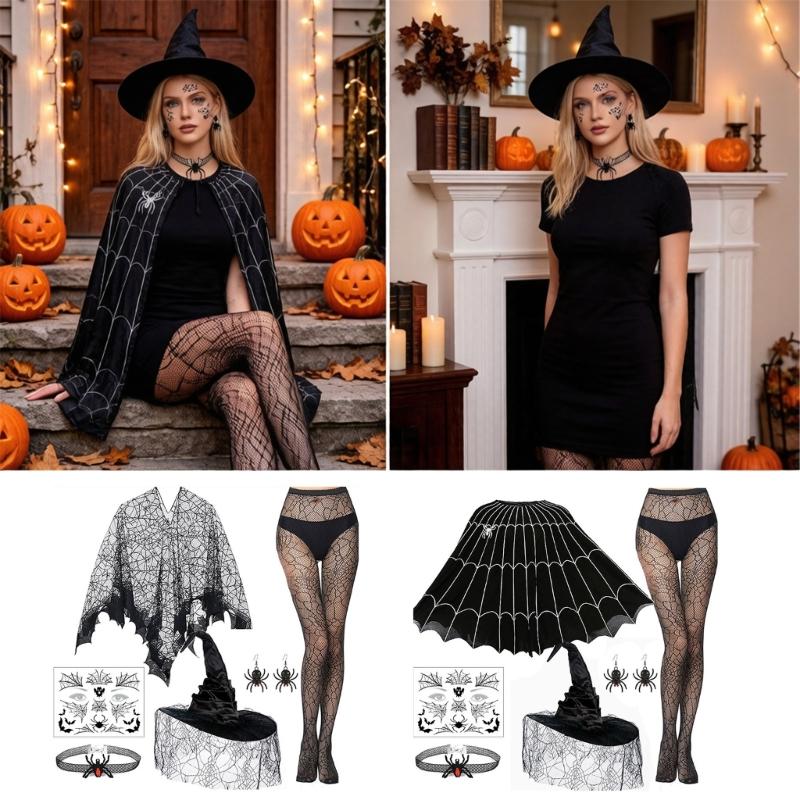 Spiders Costume Adult Cape Tights Necklace Chocker Earings Mask and Witch Hat Halloween Costume Outfit for Women
