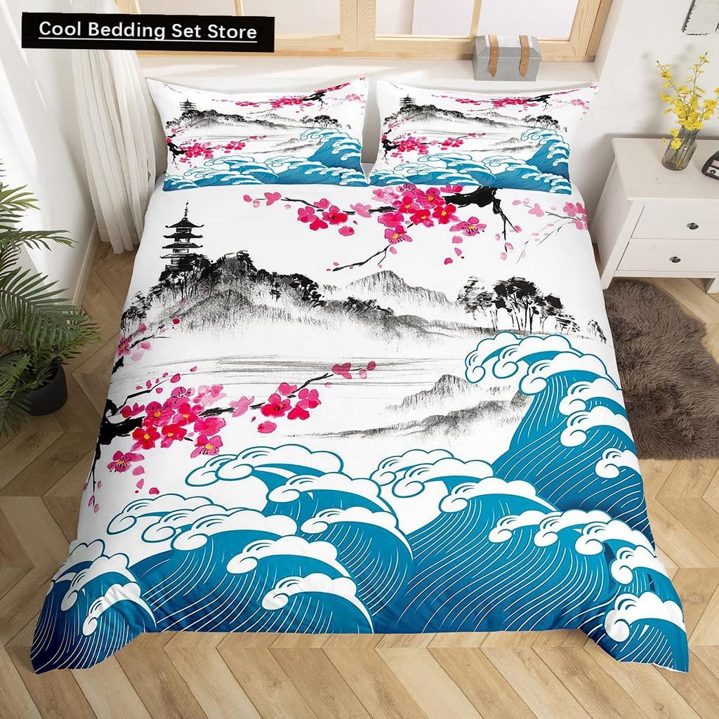 Japanische Ukiyo-e King Queen Bettbezug Goldener Fisch Hokusai Bettwäsche-Set Kran Welle Steppdeckenbezug Rote Sonne Polyester Bettdeckenbezug